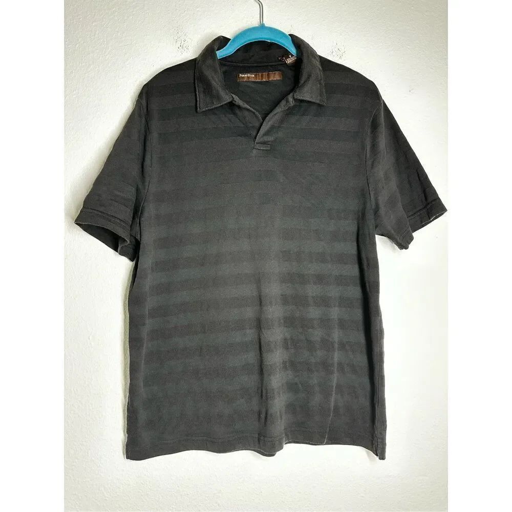 Perry Ellis Men Short Sleeve Polo Shirt M Gray Cotton Blend Stripe